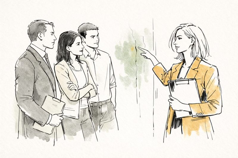 Bausachverständigerin explaining moisture damage to property buyers in Hamburg